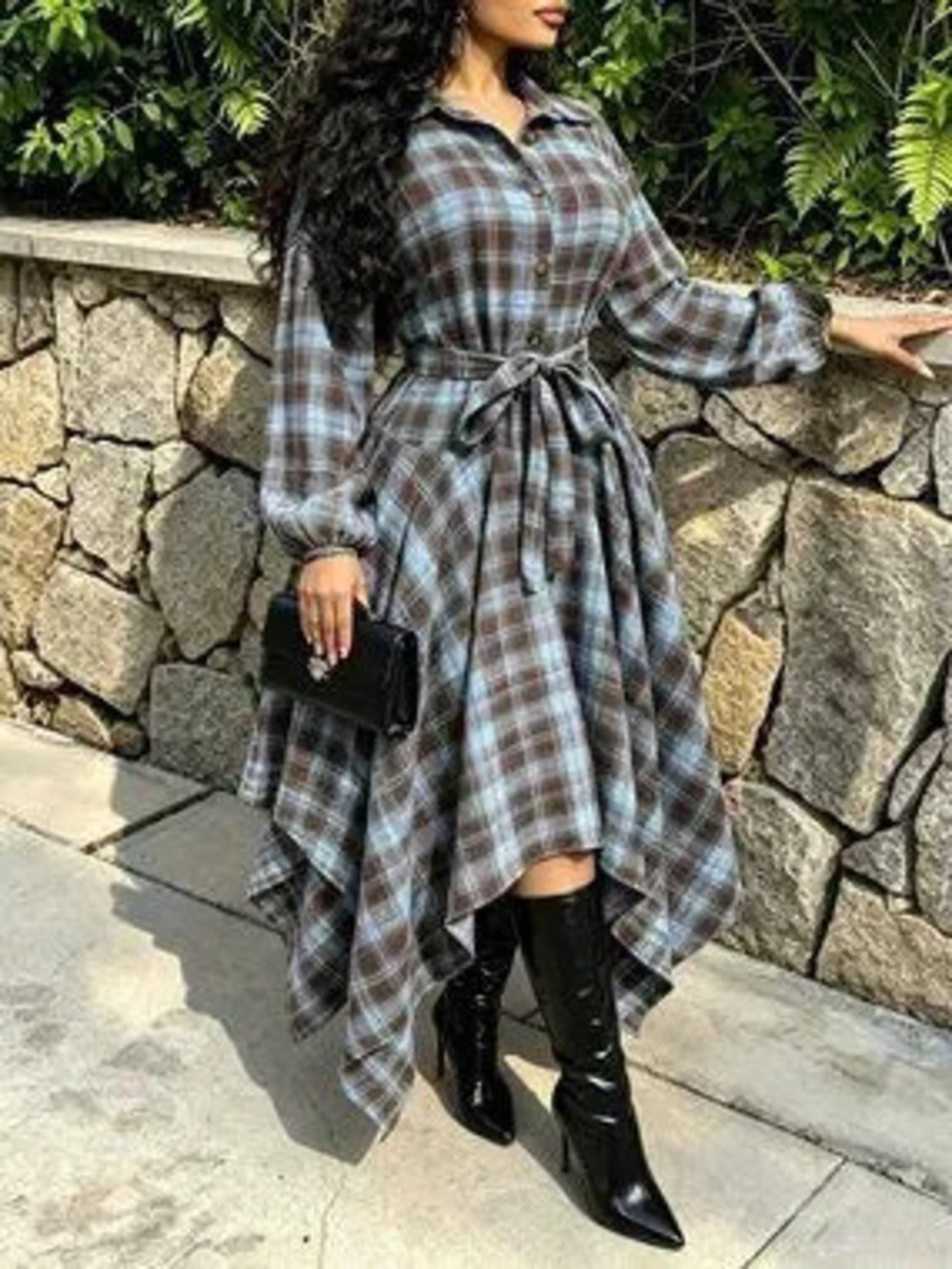 Multicolor Casual Women's High-Waisted Loose Asymmetrical Hem Plaid Shirt Dress